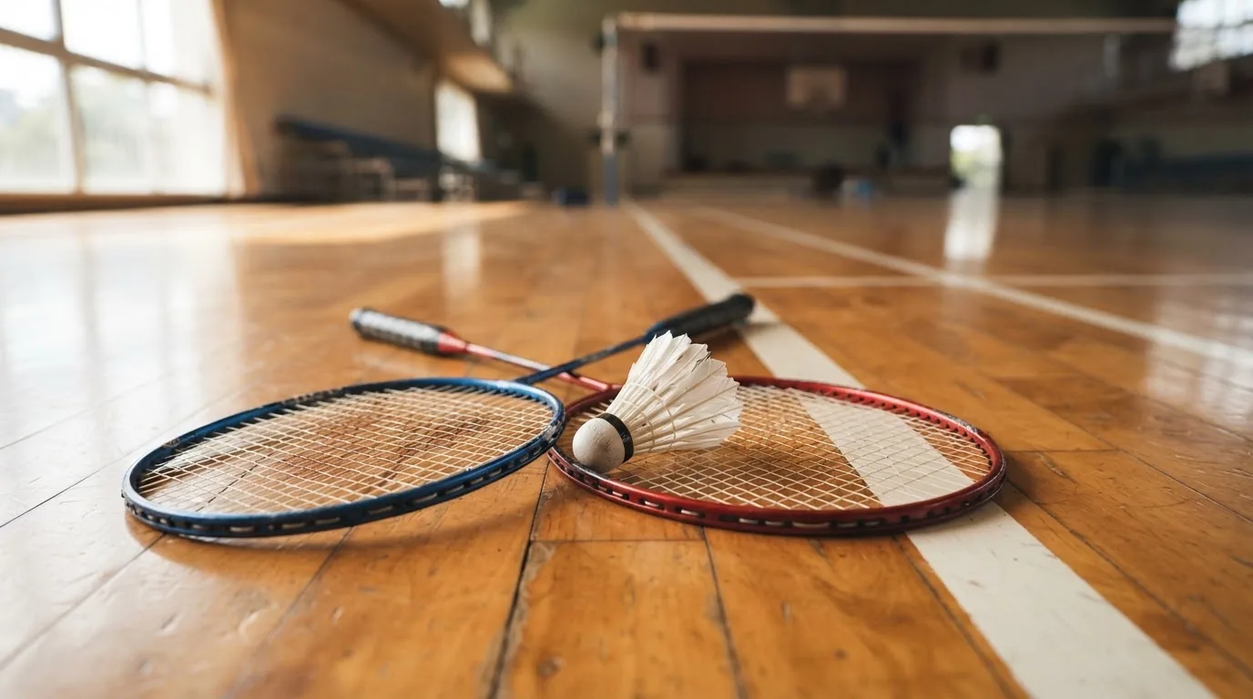 Zwei Badmintonschläger und ein Federball liegen auf einem Holzboden neben der Seitenlinie, weiches Licht fällt von der Seite ein.
