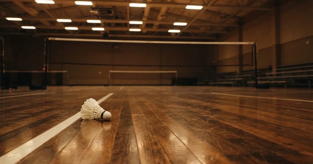 Eine leere Badmintonhalle mit gespanntem Netz und hellen Hallenlichtern, ein Federball liegt auf dem Hallenboden.